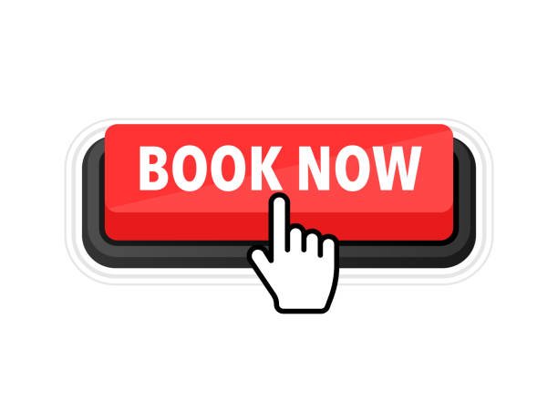 Book now button with cursor. Pointer click. Vector web button book now<br />